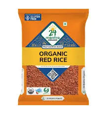 Packaging of 24 Mantra Organic Red Rice with visible branding and product details.