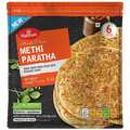 Packaged Methi Paratha with Haldiram's branding on a black background