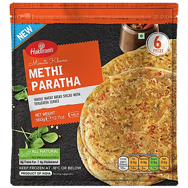 Packaged Methi Paratha with Haldiram's branding on a black background