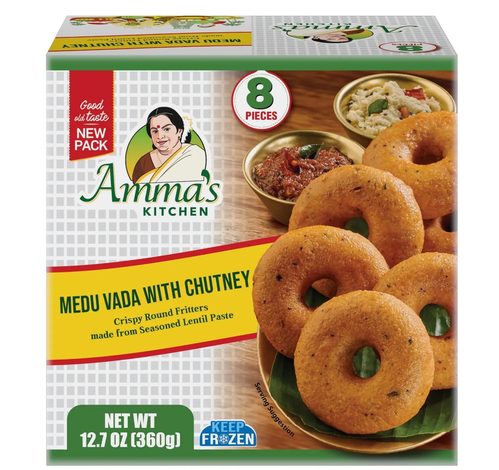 Box of Amma's Kitchen Medu Vada with Chutney showing the product and packaging details.
