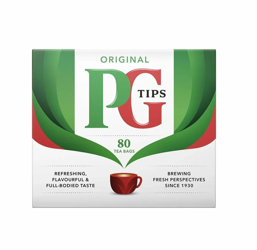 Box of PG Tips tea bags with green and red design on a white background
