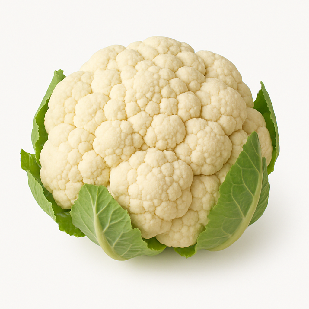 Whole cauliflower with green leaves on a white background