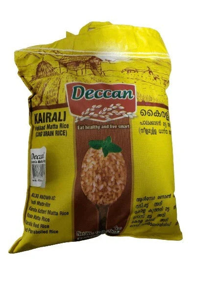 Yellow bag of Deccan Kairali rice with branding and text on a white background