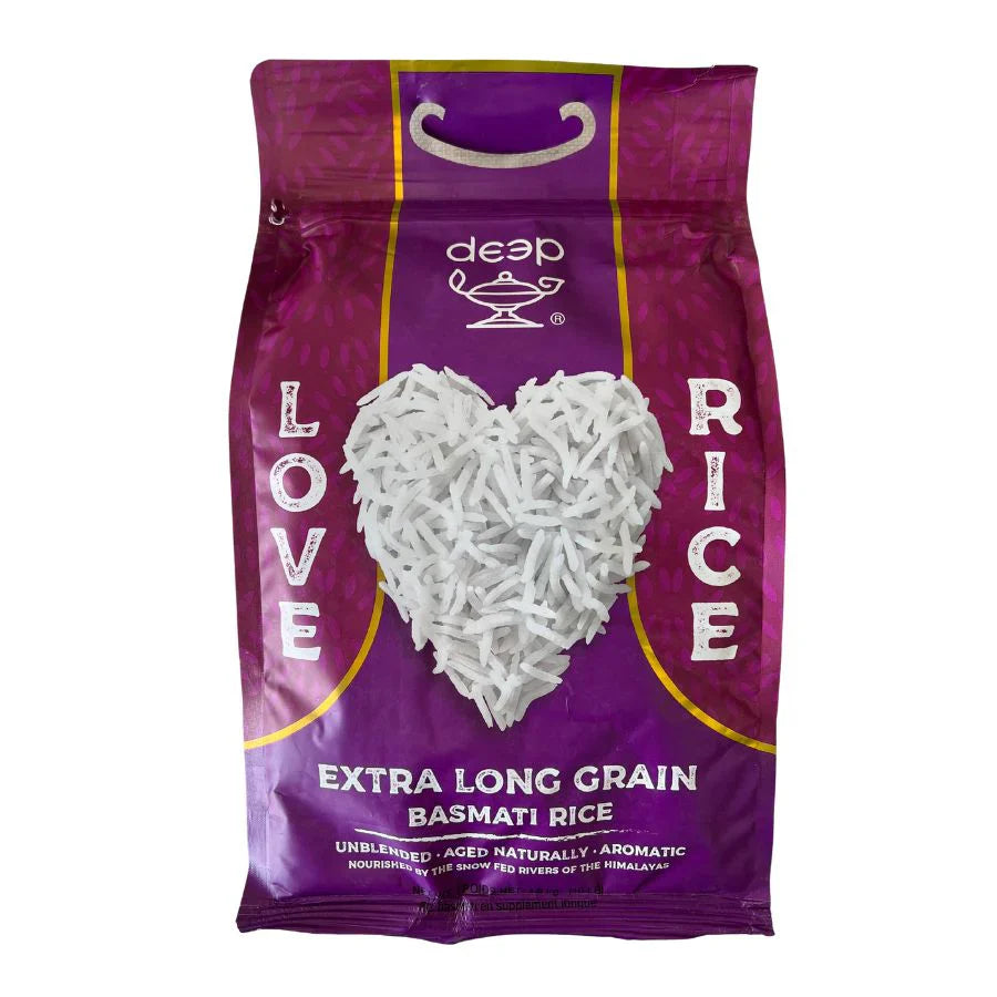 Purple bag of deep brand extra long grain basmati rice with heart-shaped rice design on a white background