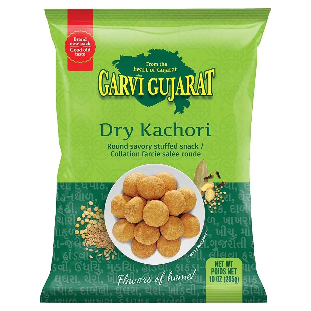 Green package of Garvi Gujarat Dry Kachori snack on a white background