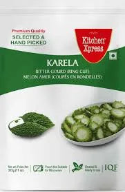 Karela packaging with green vegetables on a white background