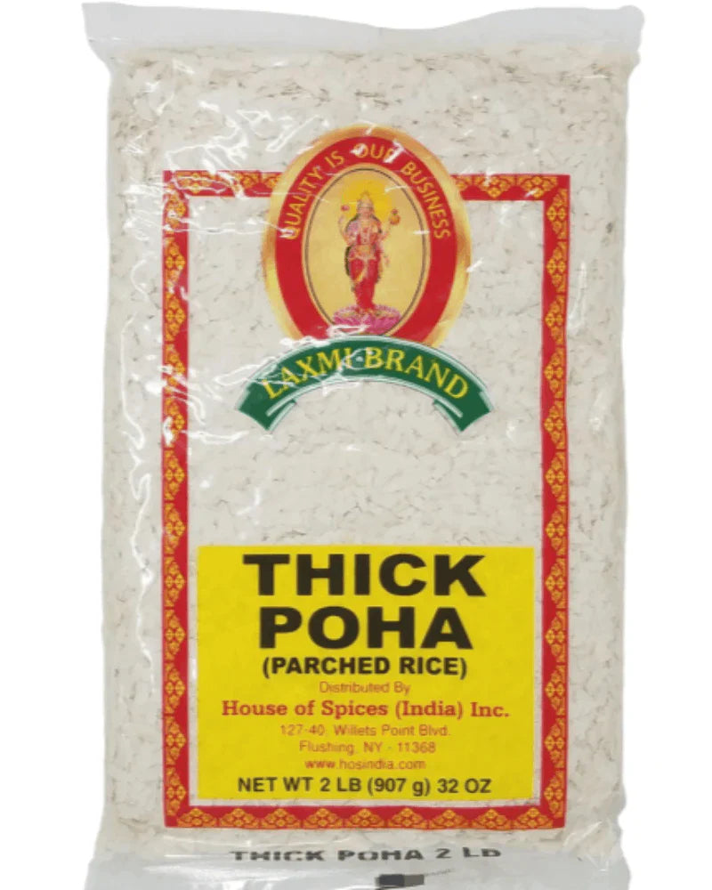 Bag of Laxmi Brand Thick Poha parched rice with a white background