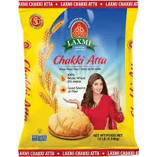 Laxmi Chakki Atta packaging with a woman and bread on a yellow background