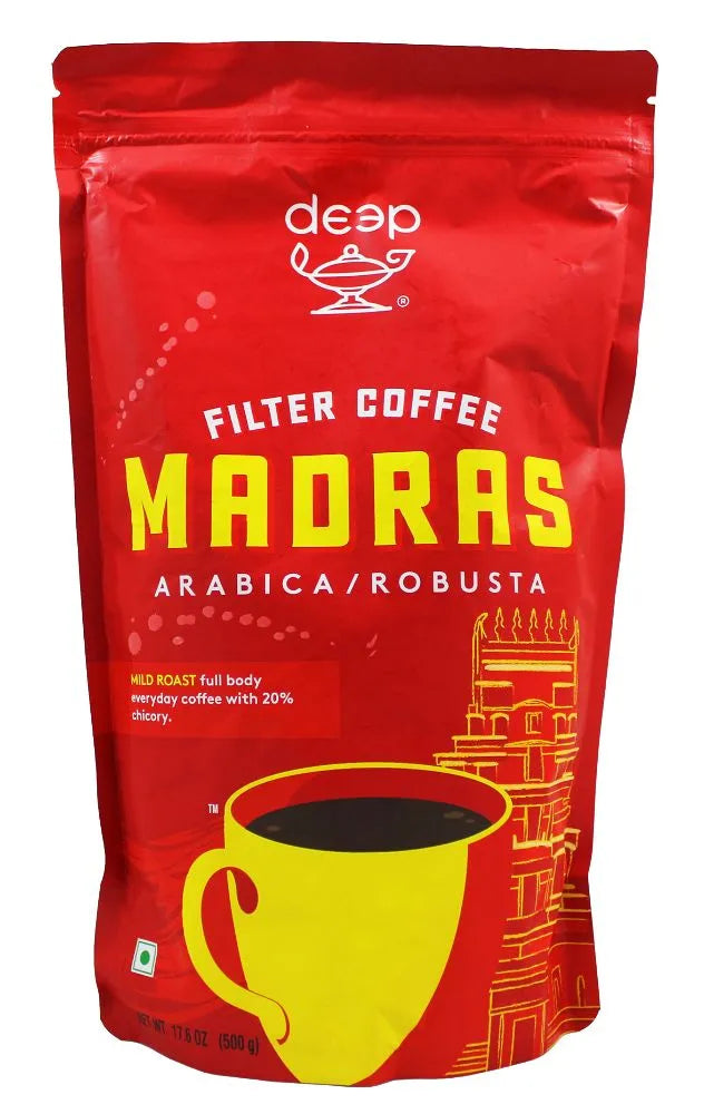 Red coffee package with 'Madras' branding on a white background