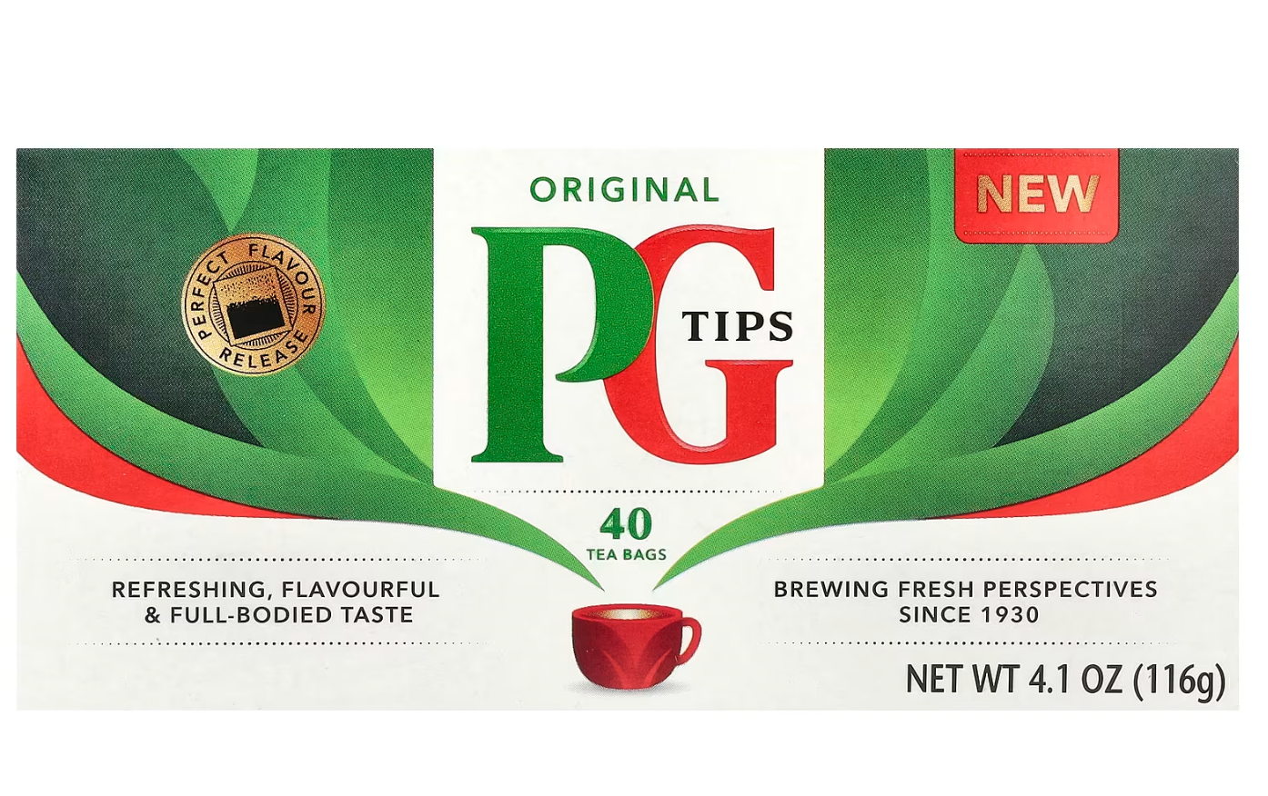 Box of PG Tips tea bags with green, red, and white design.
