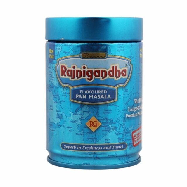 Blue canister of Rajnigandha Flavoured Pan Masala on a white background