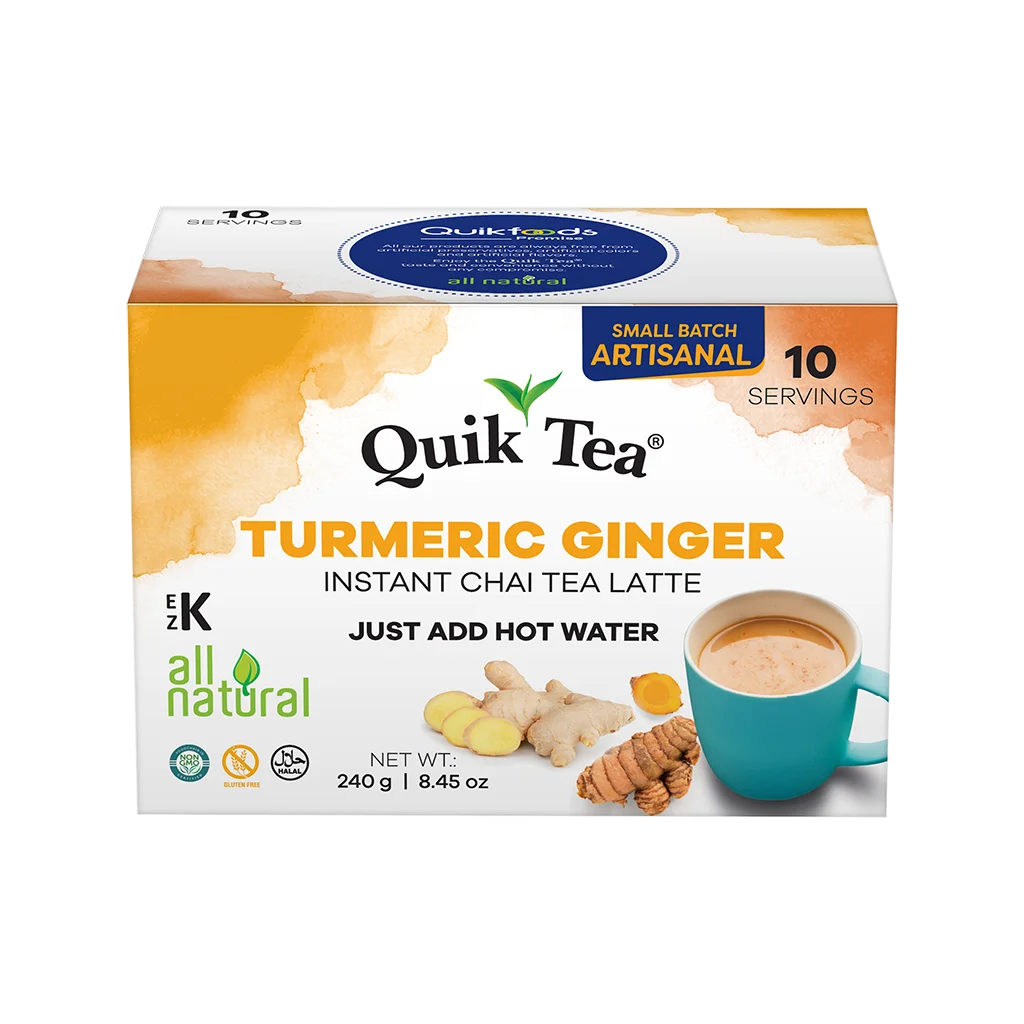 Quik Tea Turmeric Ginger Instant Chai Tea Latte packaging on a white background