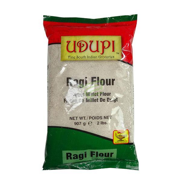 Bag of Udupi Ragi Flour with red, green, and yellow packaging on a white background