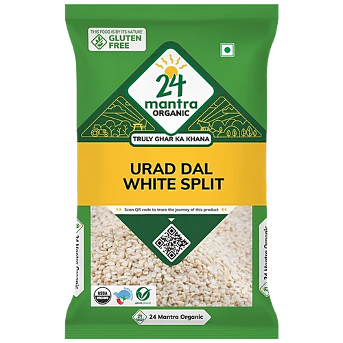24 Mantra Organic Urad Dal White Split packaging on a white background
