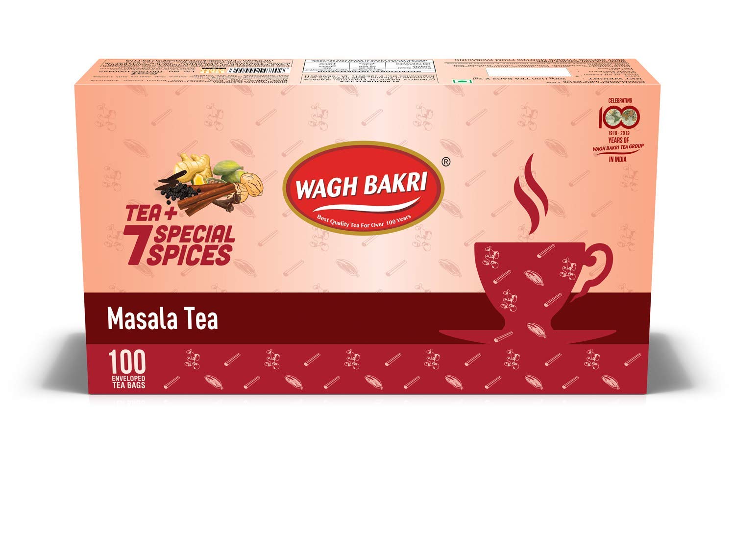 Wagh Bakri Masala Tea packaging with a cup and spices on a white background