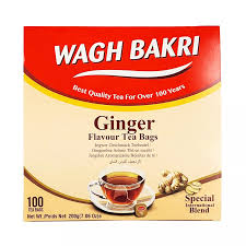 Wagh Bakri Ginger Tea Bags packaging with a red and yellow design.