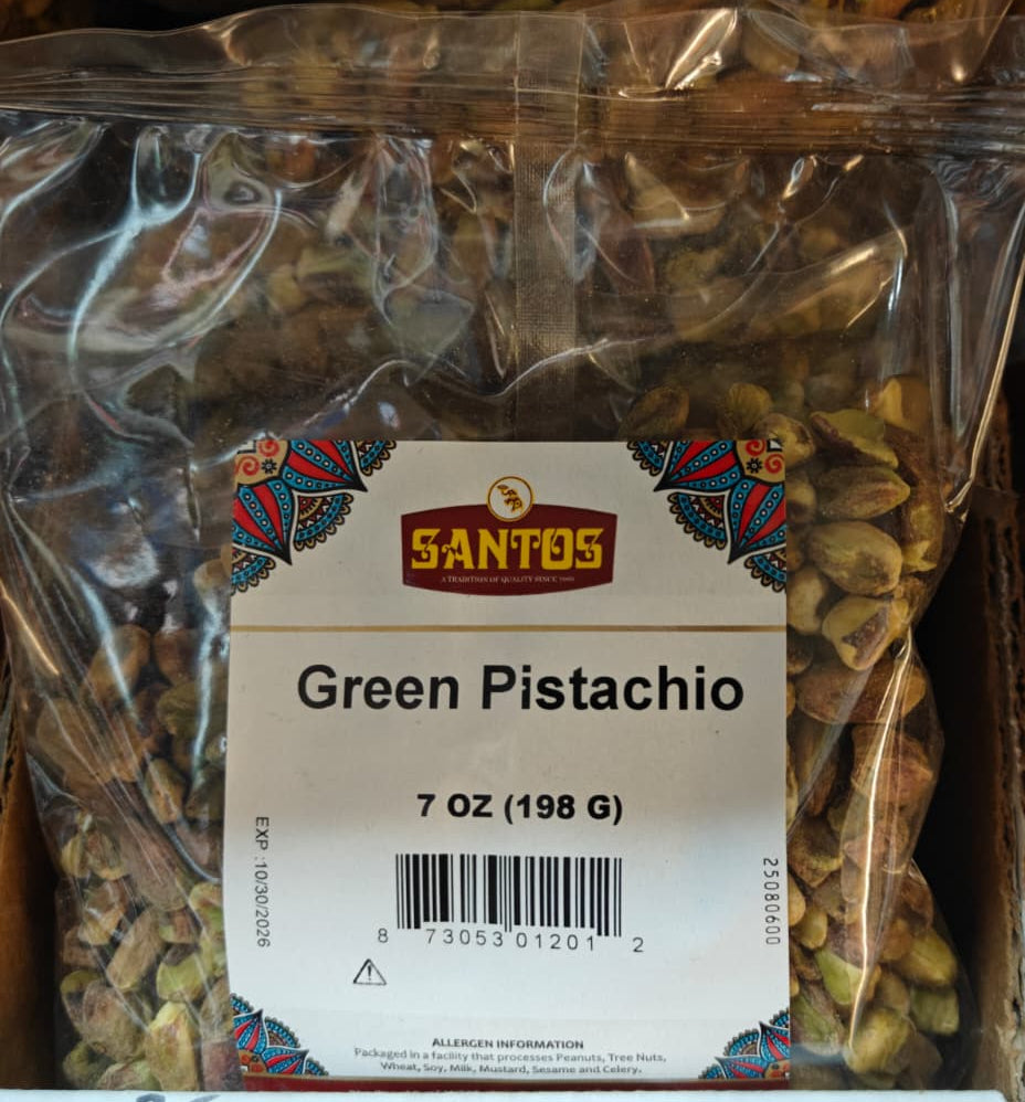 Packaged green pistachios with Santos label on a shelf