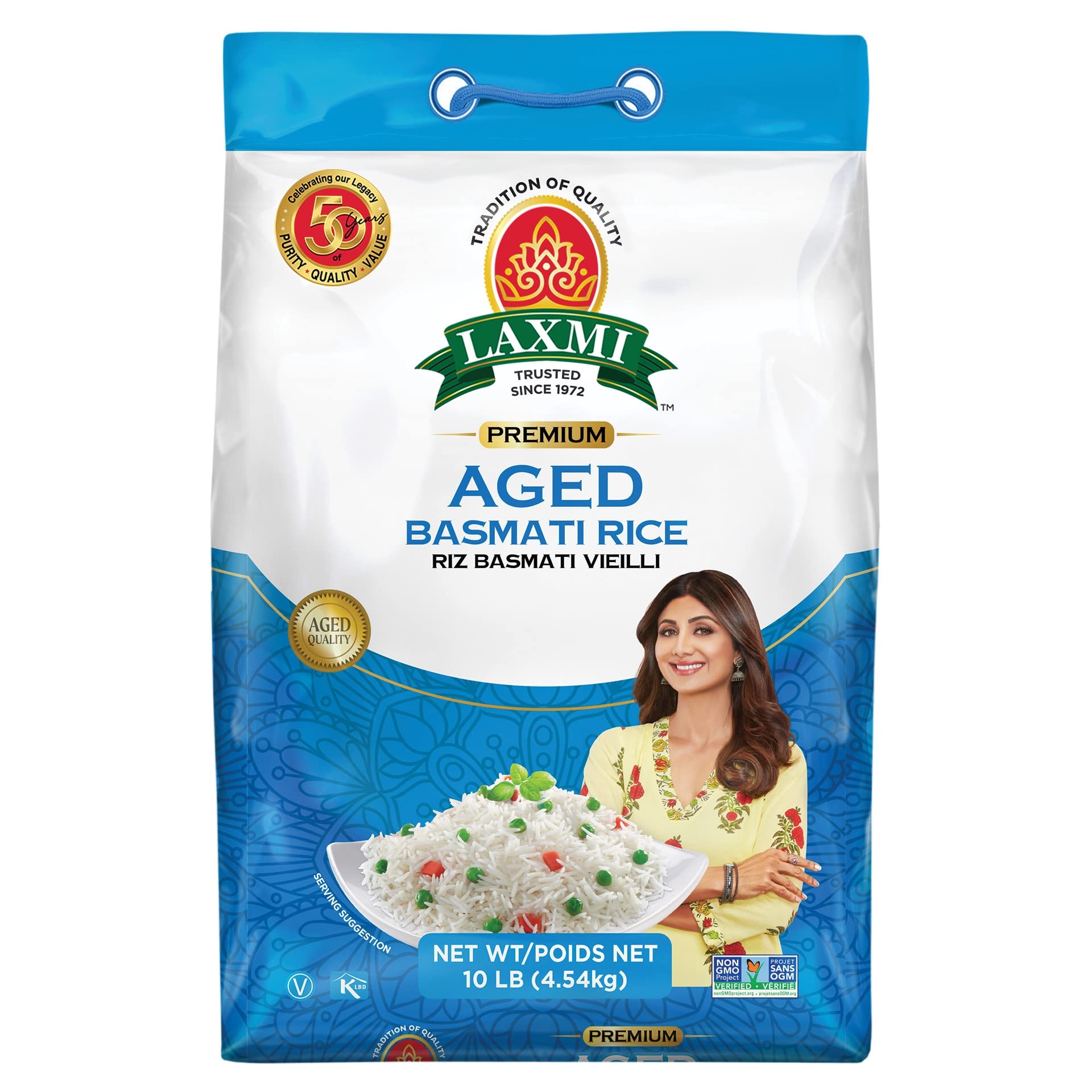 Laxmi Premium Aged Basmati Rice packaging with a woman holding rice on a white background