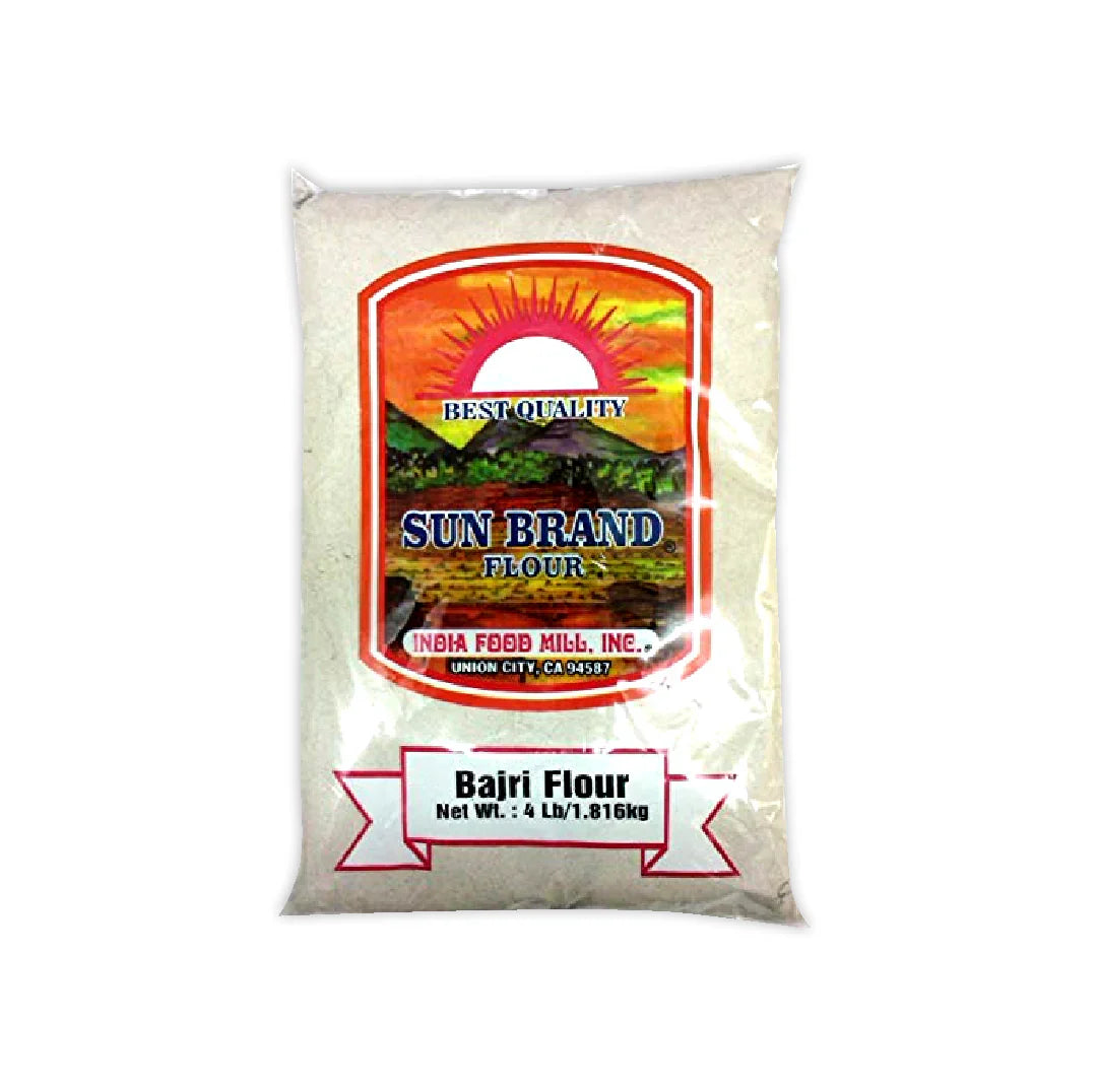 Bag of Sun Brand Bajri Flour with a colorful label on a white background