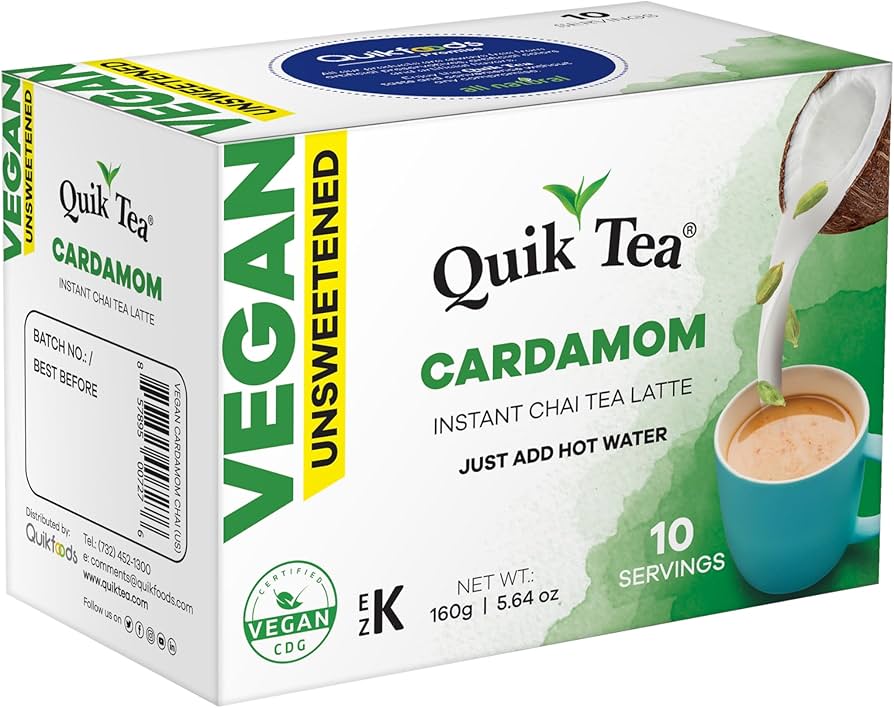 Box of Quik Tea Cardamom Instant Chai Tea Latte with branding and product details.