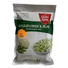 Packaged cauliflower and peas with a brand label on a white background