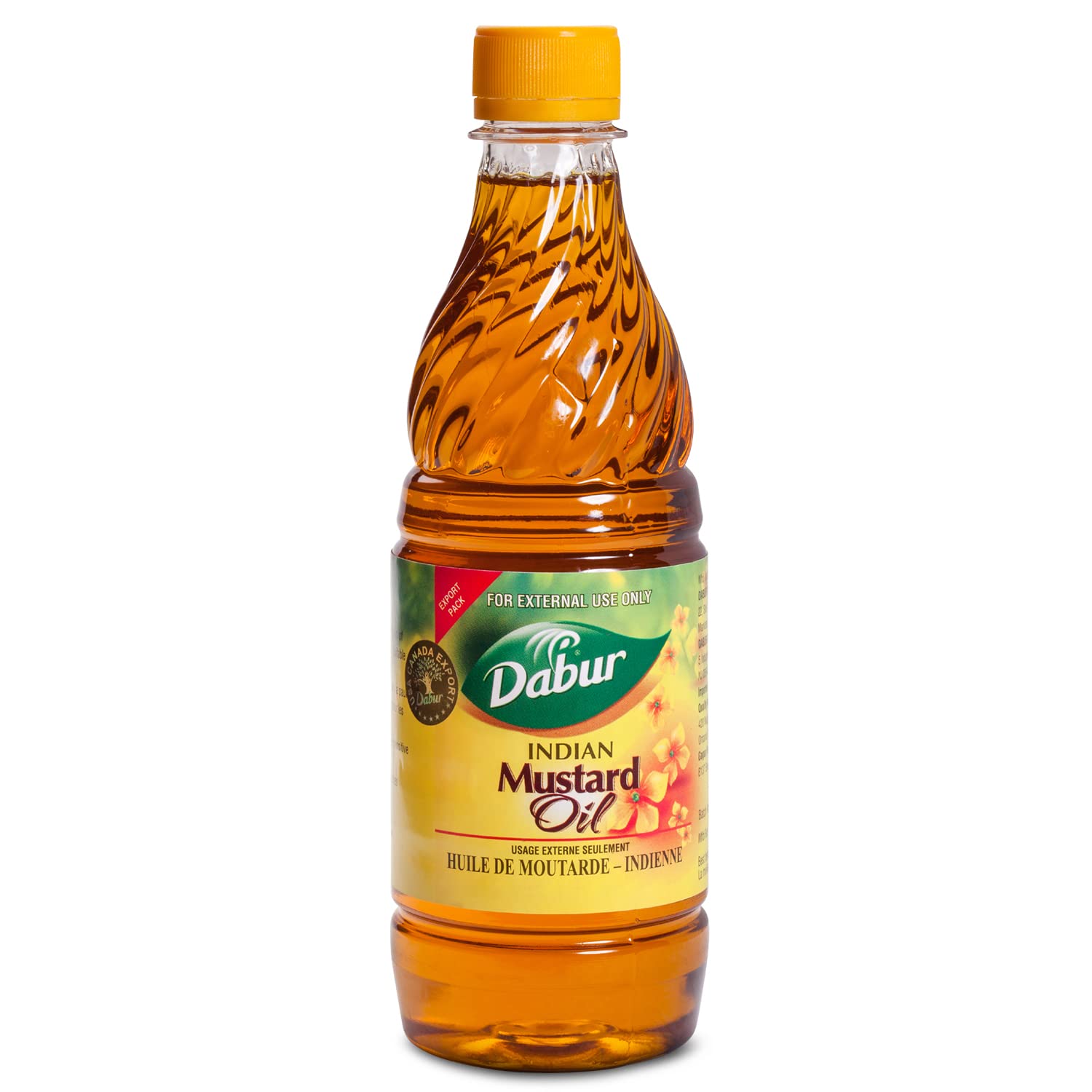 Bottle of Dabur Indian Mustard Oil on a white background