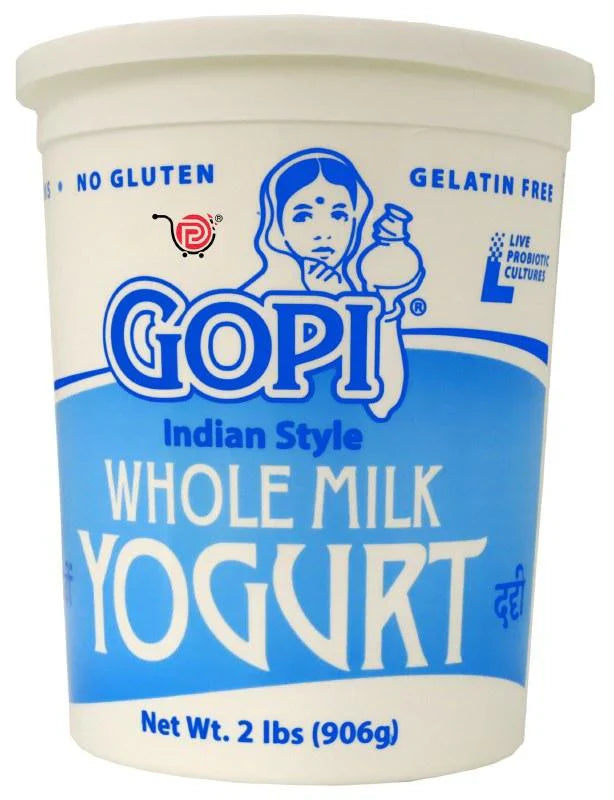 Container of Gopi Indian Style Whole Milk Yogurt with blue and white design.