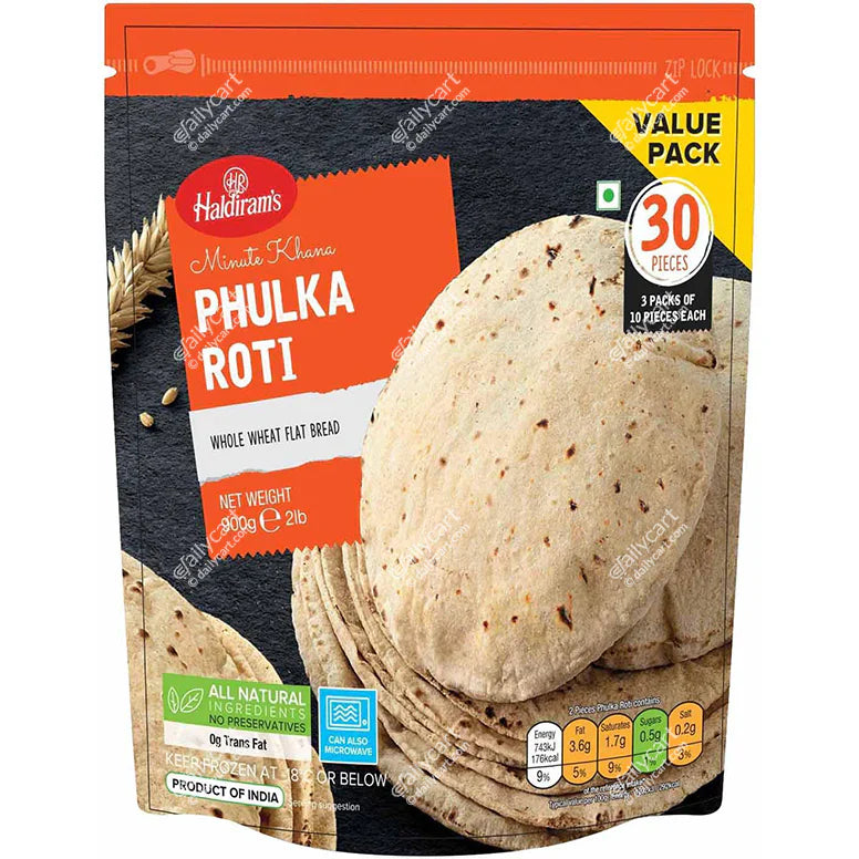 Packaged Phulka Roti with Haldiram's branding on an orange and black background