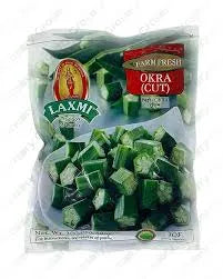 Packaged okra with Laxmi brand label on a white background