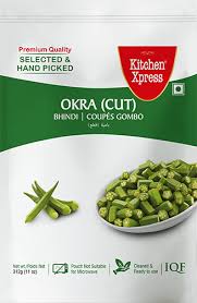 Packaging of Kitchen Express Okra with green okra and a bowl on a white background