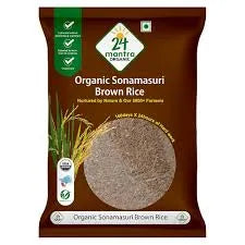 Bag of organic Sonamasuri Brown Rice with branding and certification logos on a brown background