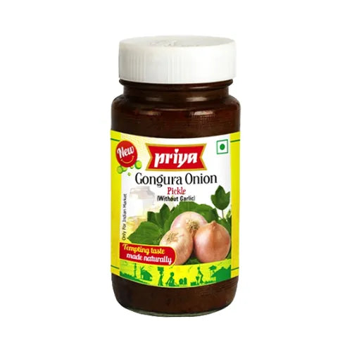 Jar of Priya Gongura Onion Pickle on a white background