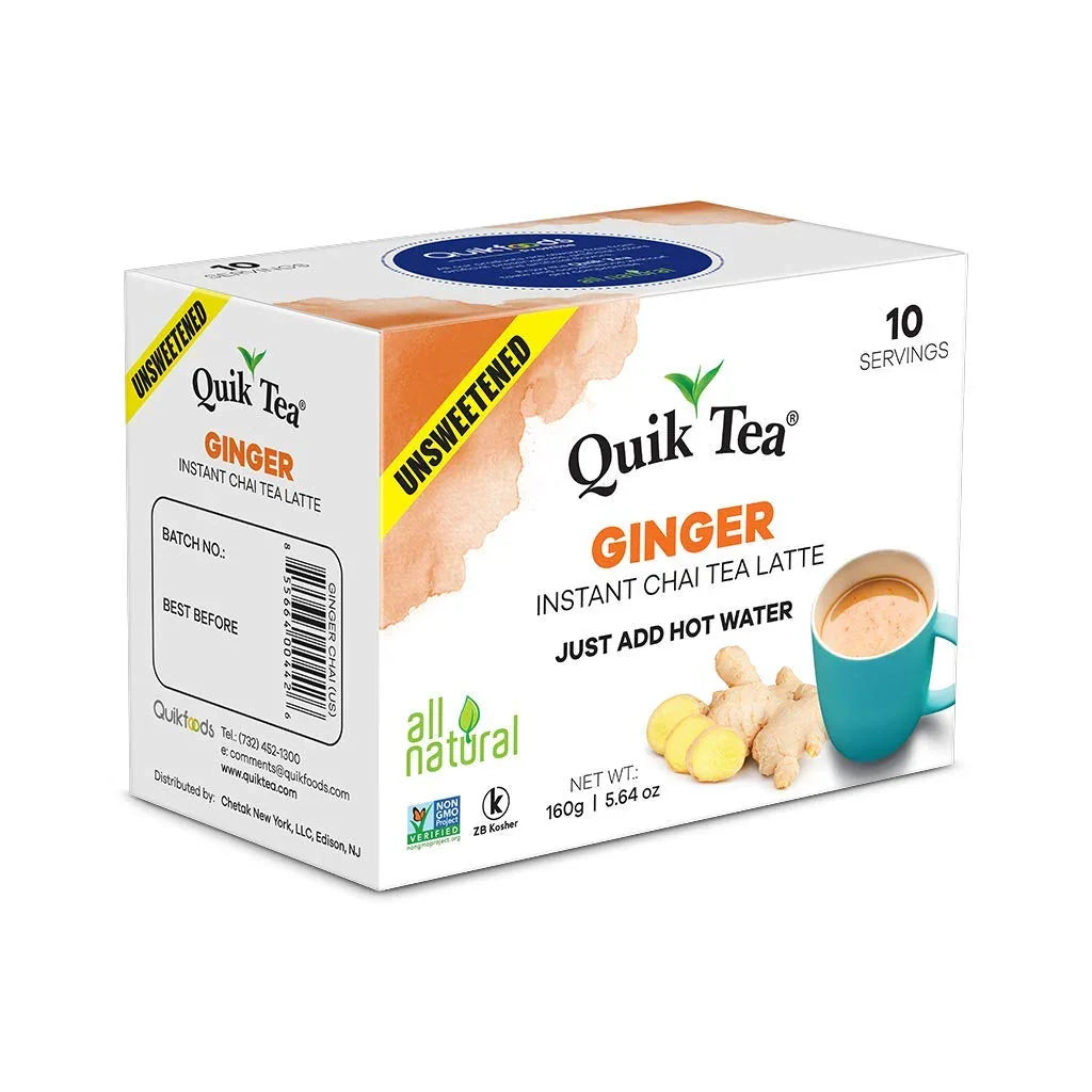 Box of Quik Tea Ginger Instant Chai Tea Latte on a white background