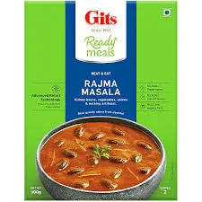 Gits Ready Meals Rajma Masala packaging with a bowl of curry on a green background