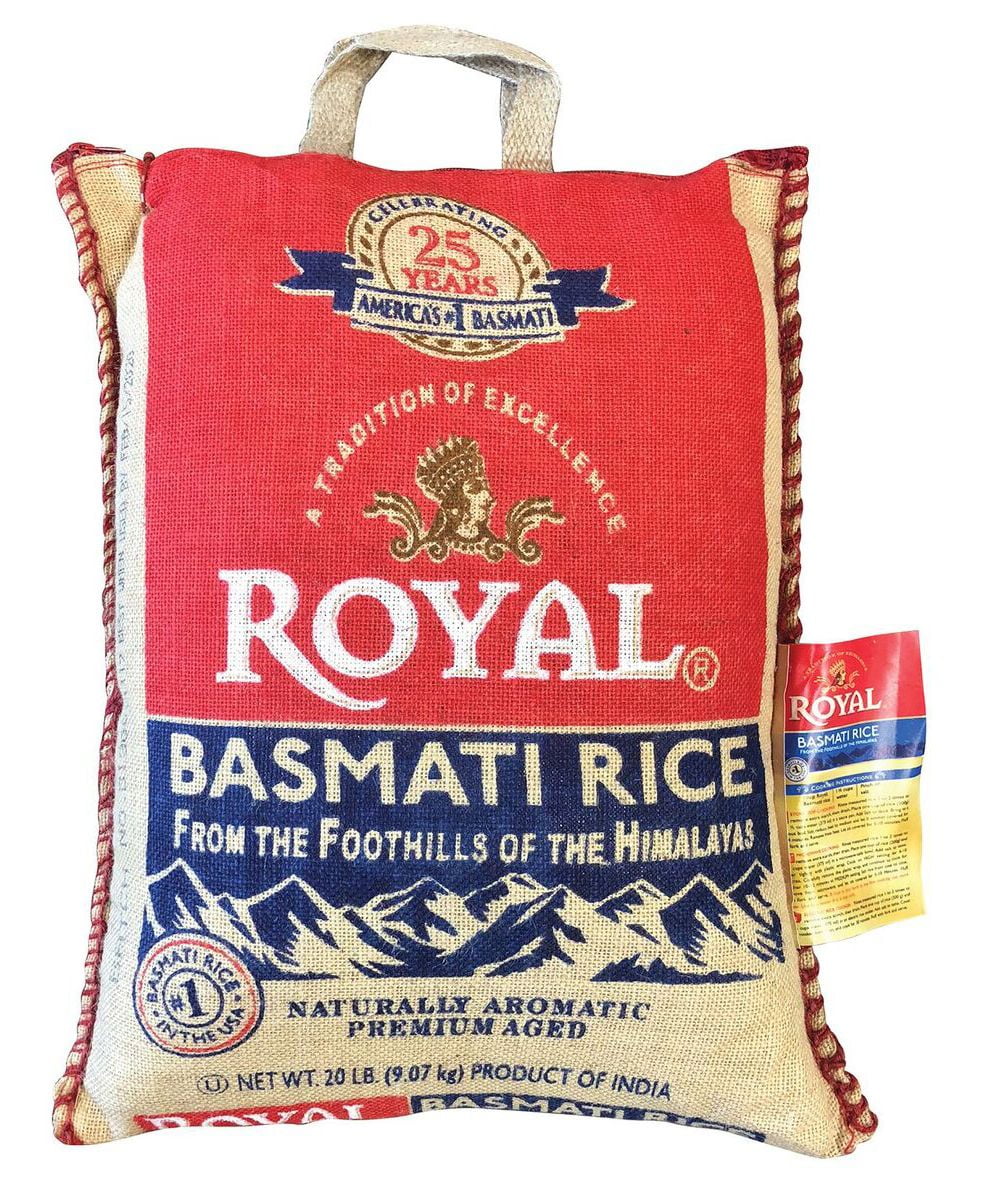 Red bag of Royal Basmati Rice with branding and product details on a white background