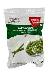 Packaged green beans with a brand label on a white background