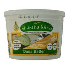 Container of Shastha Foods Dosa Batter with branding and product details on a white background