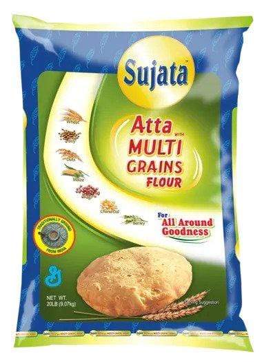 Sujata Atta Multi Grains Flour packaging with a loaf of bread and grains on a blue and green background.