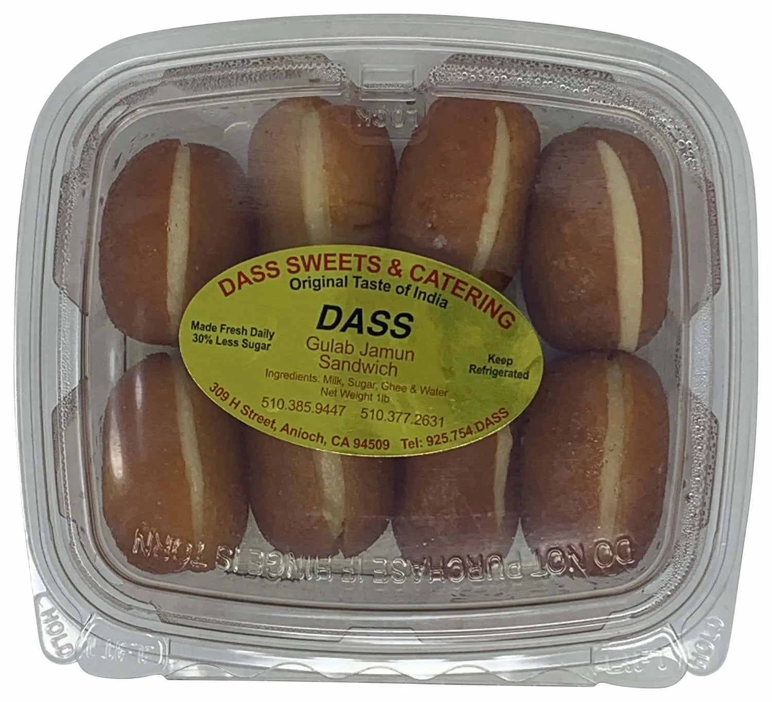 Packaged Gulab Jamun sandwiches with a DASS label on a white background
